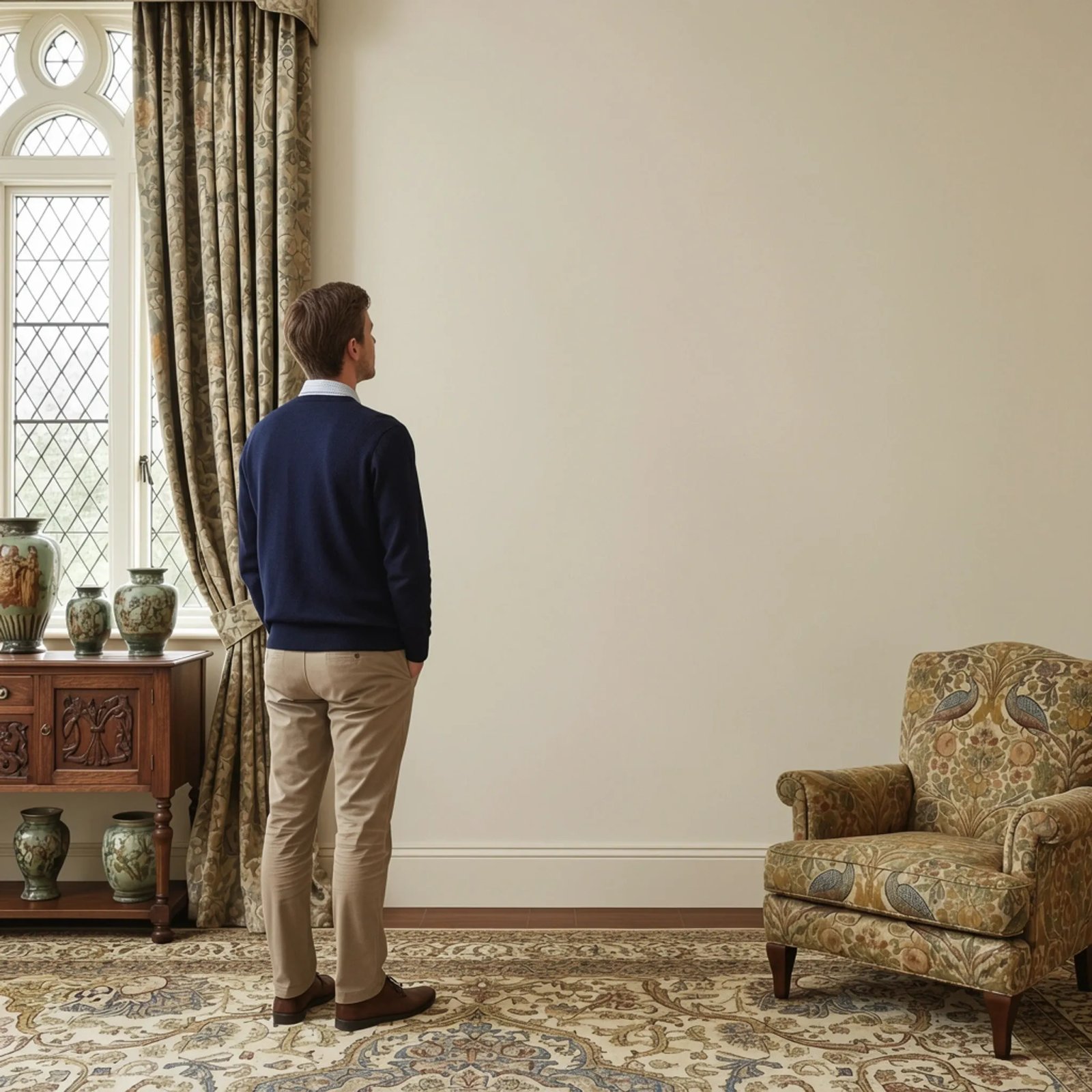 Wall art mockup: Grand period room with a visitor, ornate window and armchair, with a person