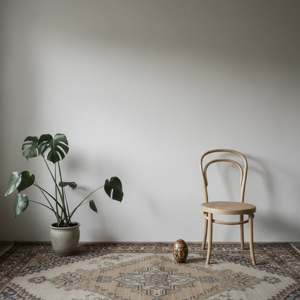Wall art mockup: Contemporary room with a houseplant and chair, with plants