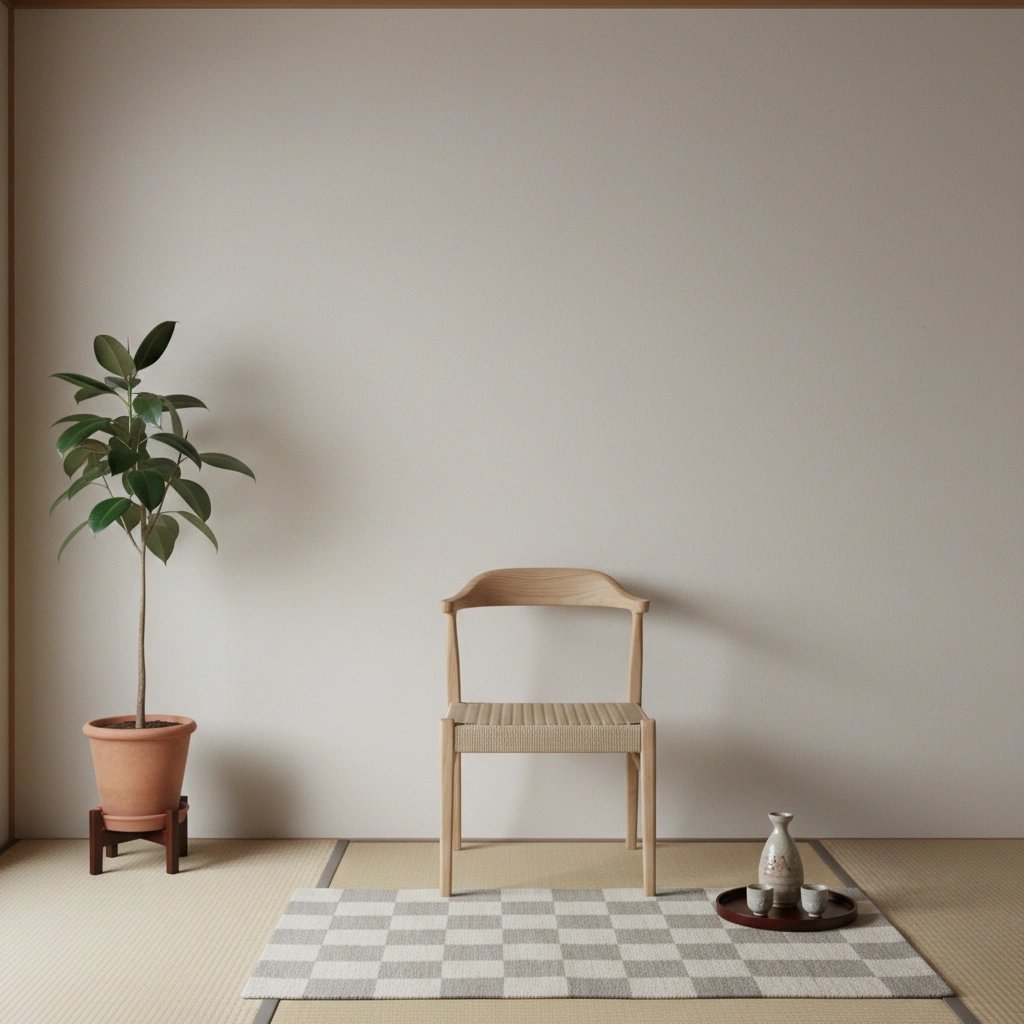 Wall art mockup: Contemporary room with a houseplant and a wooden chair, with plants