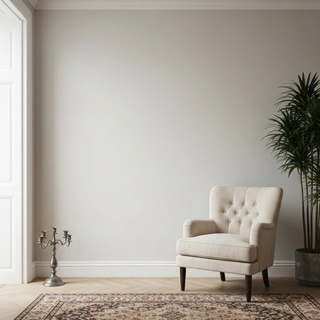Wall art mockup: Contemporary living room with armchair and plant, with plants