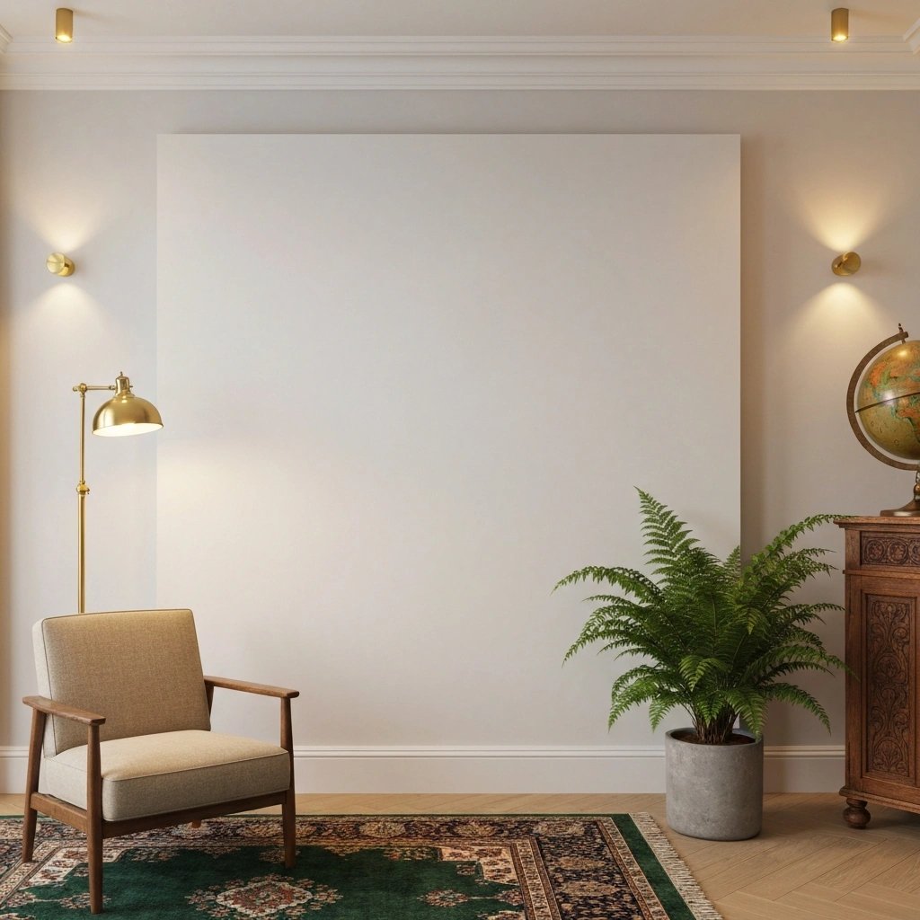 Wall art mockup: Eclectic living room with an armchair, plant and globe, with plants and lamps