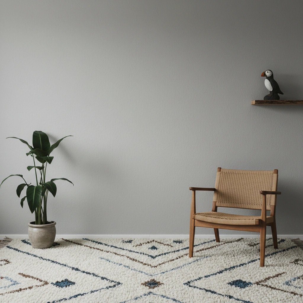 Wall art mockup: Contemporary living room with a woven armchair and plant, with plants