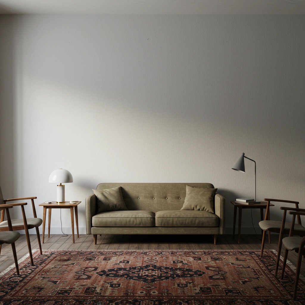 Wall art mockup: Contemporary living room with a green loveseat and chairs, with a sofa and lamps