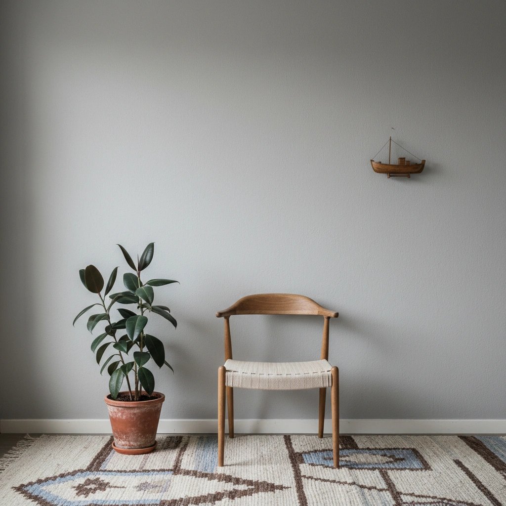 Wall art mockup: Contemporary room with a light grey wall and wooden chair, with plants