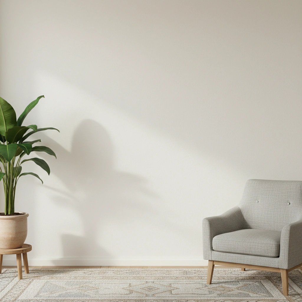 Wall art mockup: Contemporary living room with a plant and armchair, with plants