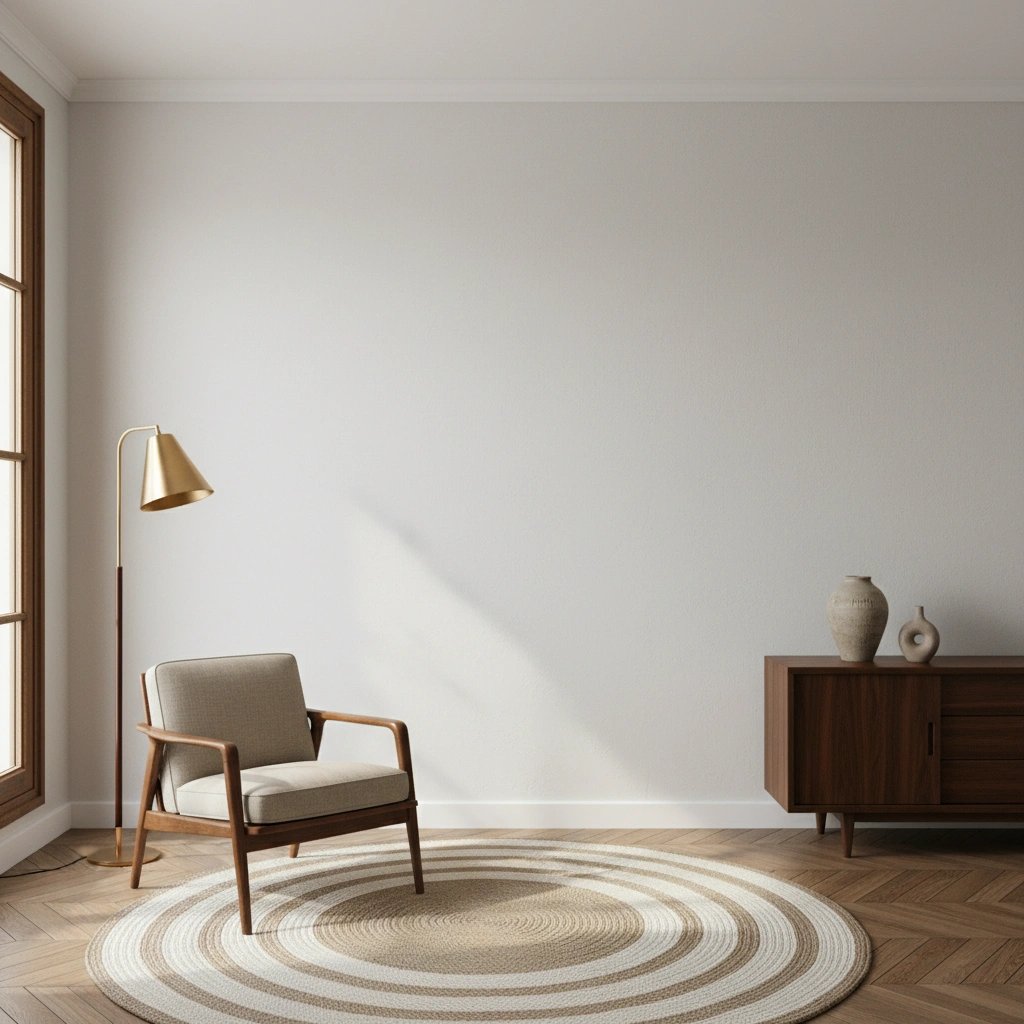 Wall art mockup: Contemporary living room with an armchair and sideboard, with lamps and a cabinet