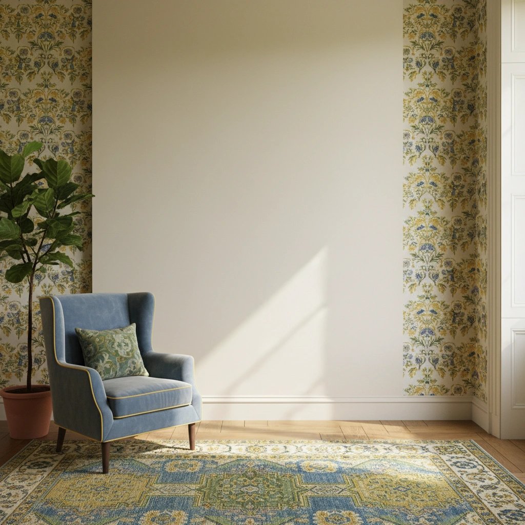 Wall art mockup: Eclectic living room with a blue armchair and patterned walls, with plants