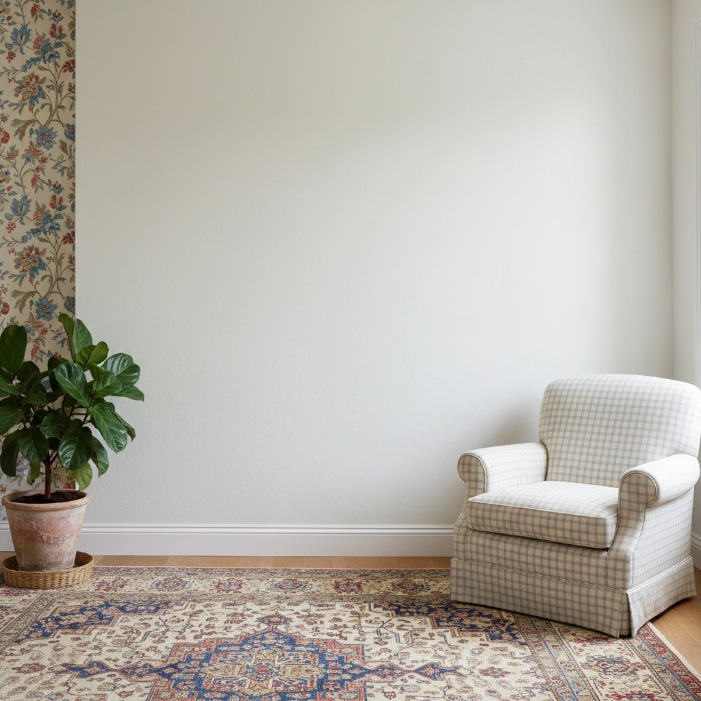 Wall art mockup: Eclectic living room with a patterned rug and armchair, with plants