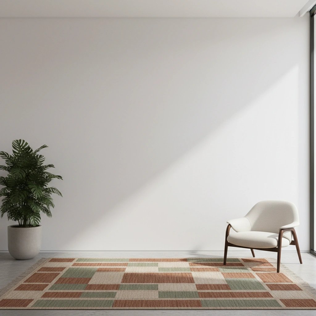 Wall art mockup: Contemporary room with a houseplant, armchair and rug, with plants