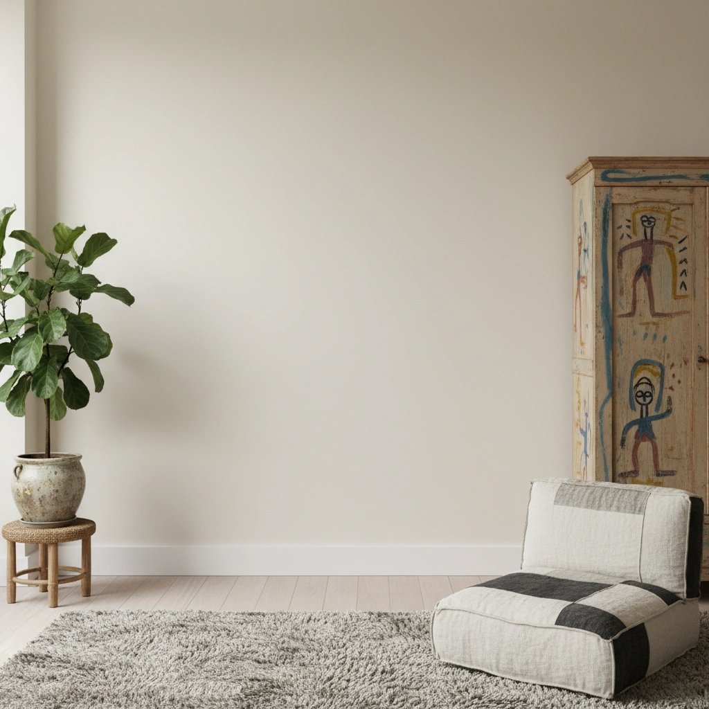 Wall art mockup: Eclectic room with a plant and a painted cabinet, with plants