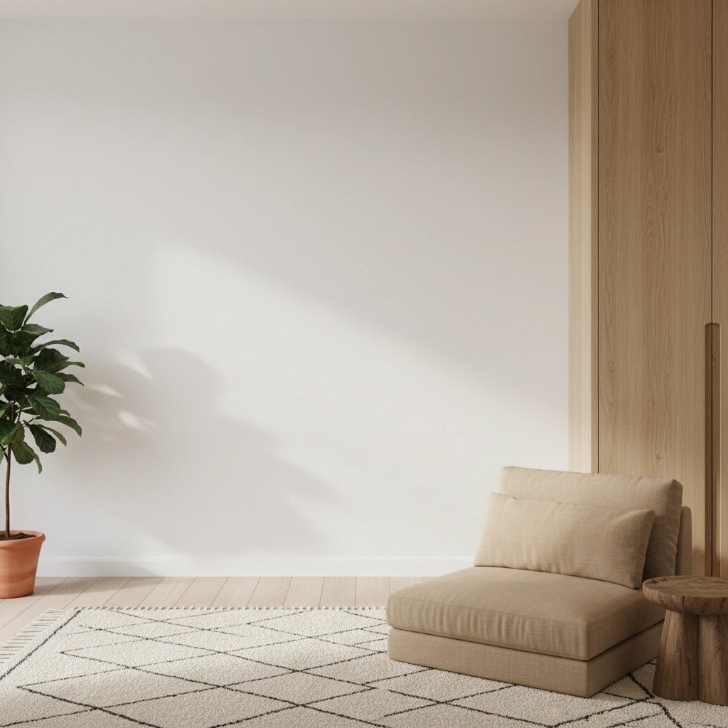 Wall art mockup: Contemporary living room with a lounge chair and houseplant, with plants