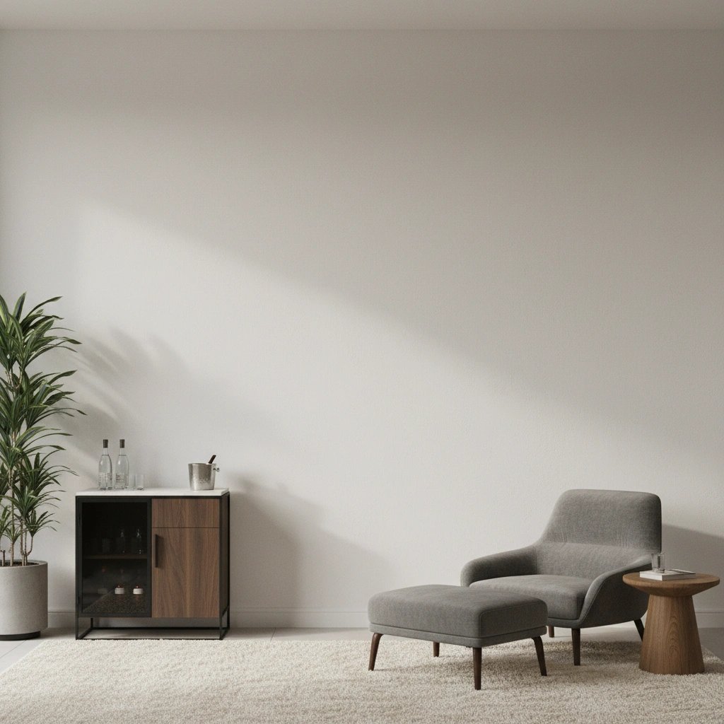Wall art mockup: Contemporary living room with a grey armchair, with plants and a cabinet