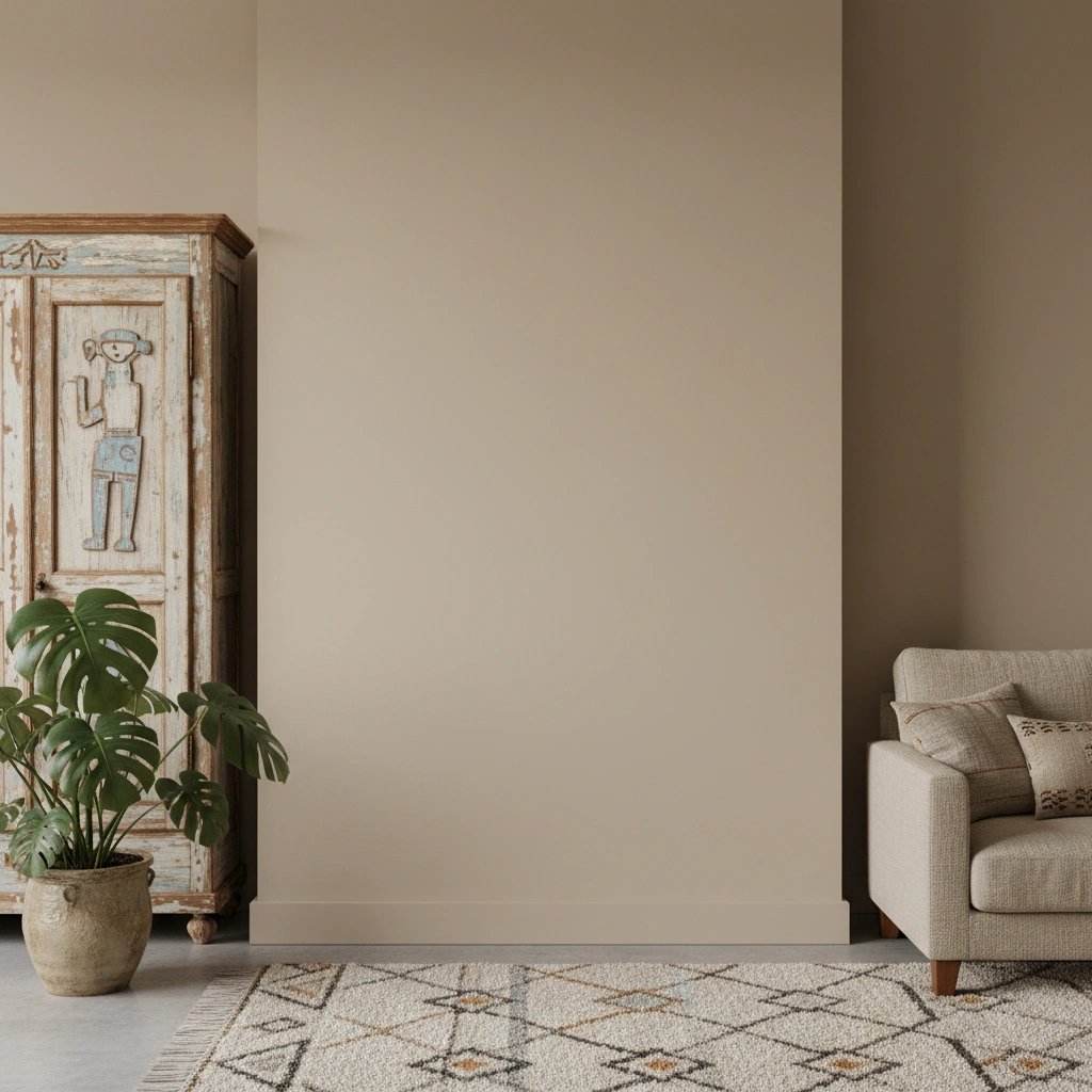 Wall art mockup: Eclectic living room with a houseplant and sofa, with plants