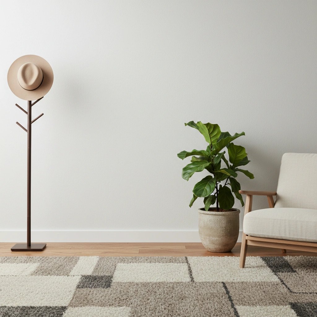 Wall art mockup: Contemporary room with a hat stand, plant and armchair, with plants