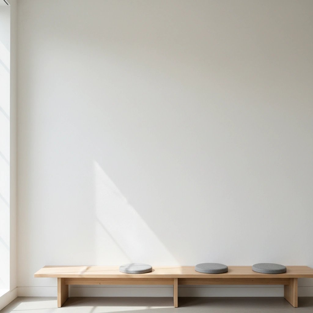 Wall art mockup: Minimalist gallery with white walls and a wooden bench