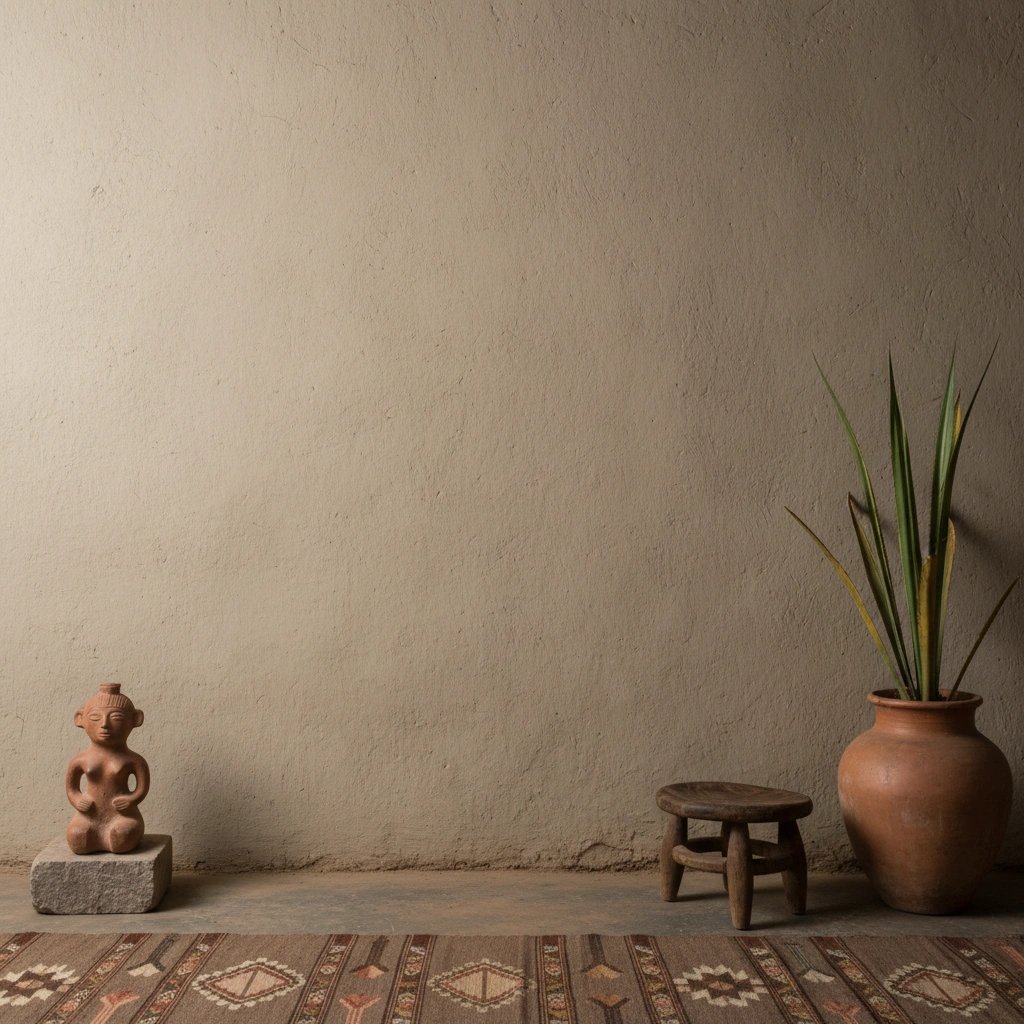 Wall art mockup: Eclectic room with a sculpture, stool and plant, with plants