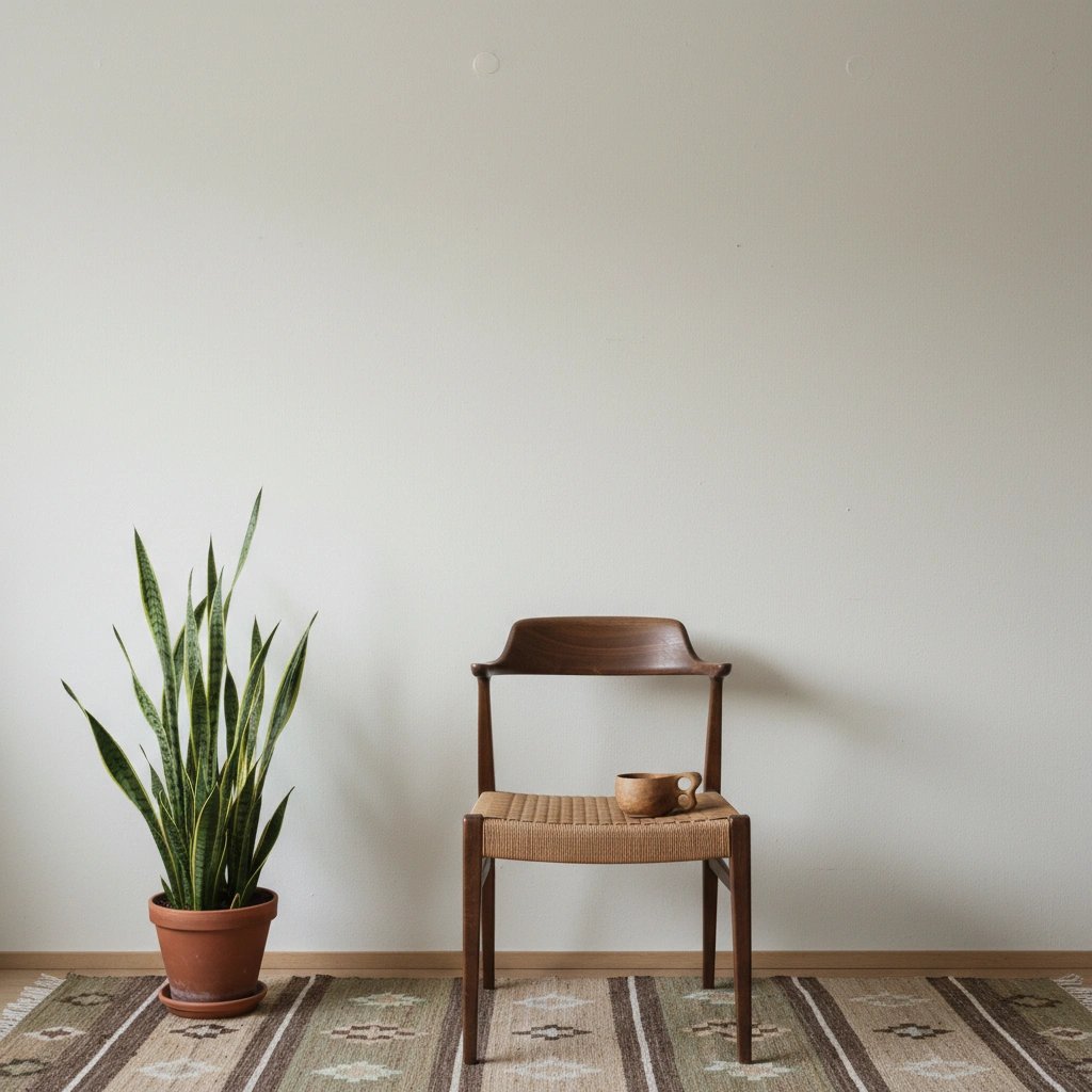 Wall art mockup: Contemporary room with a wooden chair and houseplant, with plants