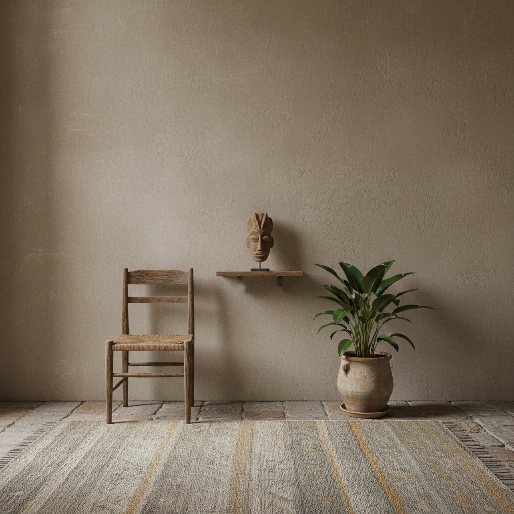 Wall art mockup: Eclectic room with a wooden chair and potted plant, with plants