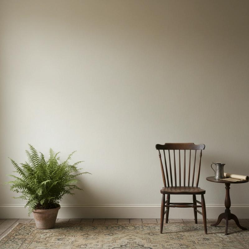Understated room with a potted fern and wooden furniture