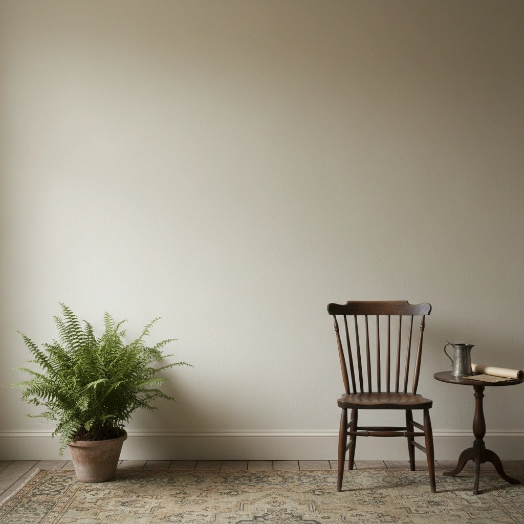 Wall art mockup: Understated room with a potted fern and wooden furniture, with plants