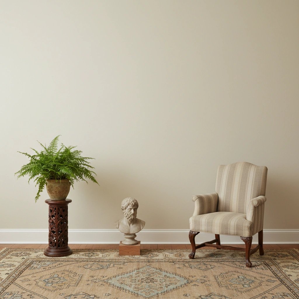 Wall art mockup: Eclectic room with a plant, bust and striped armchair, with plants