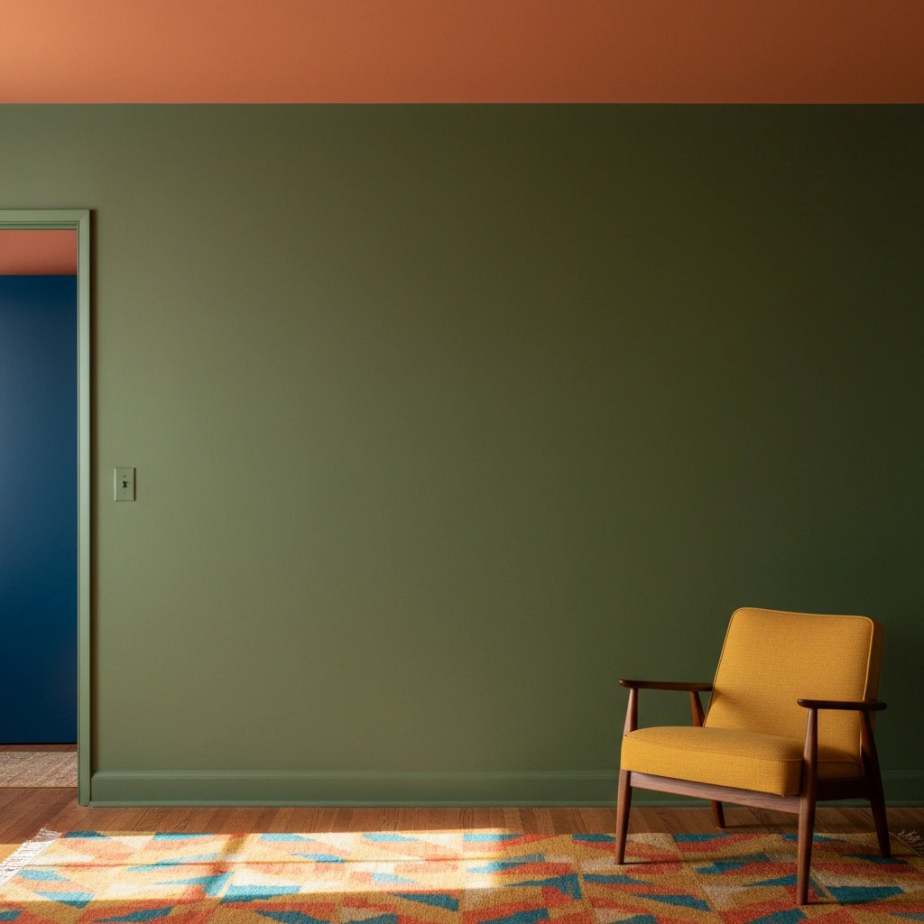Wall art mockup: Contemporary room with green walls and a yellow armchair