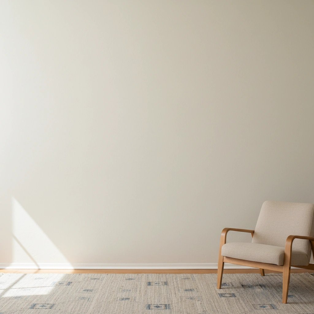 Wall art mockup: Contemporary living room with an armchair and patterned rug