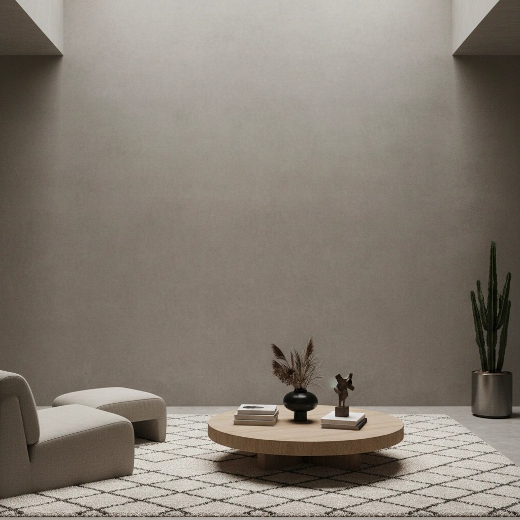 Wall art mockup: Contemporary living room with a neutral palette and soft furnishings, with plants