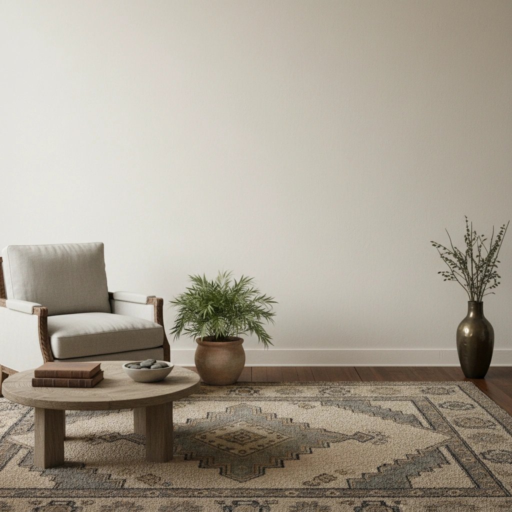 Wall art mockup: Contemporary living room with an armchair and houseplant, with a coffee table and plants
