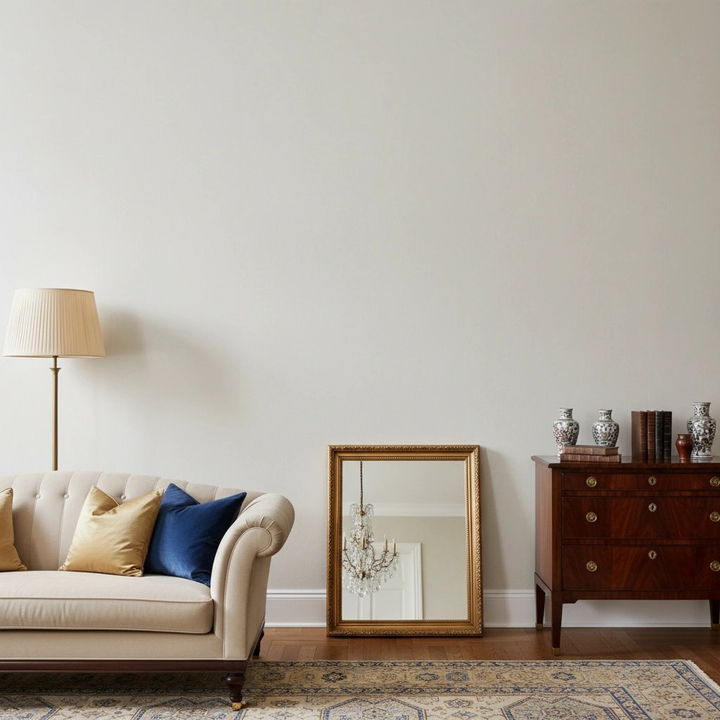 Wall art mockup: Grand living room with a cream sofa and antique chest, with a sofa, lamps, a mirror and a cabinet
