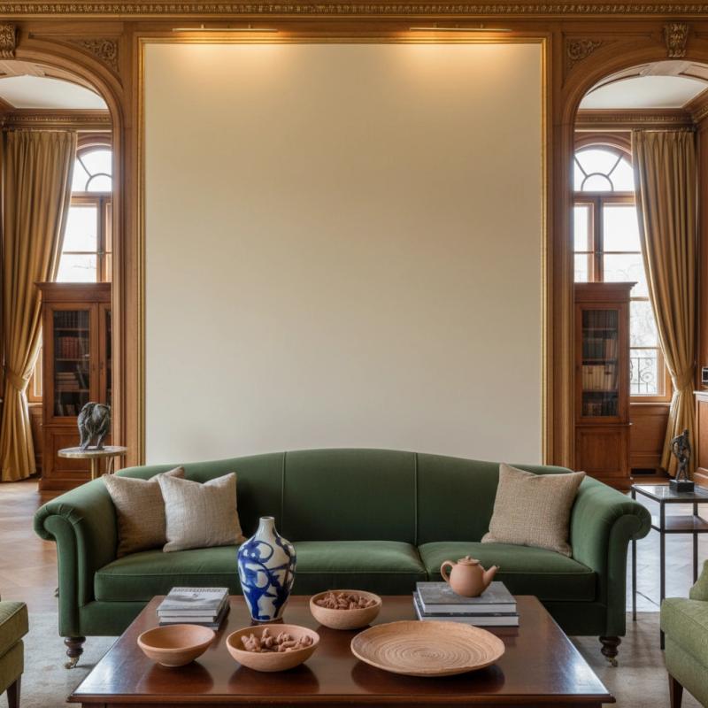 Grand panelled room with a green sofa