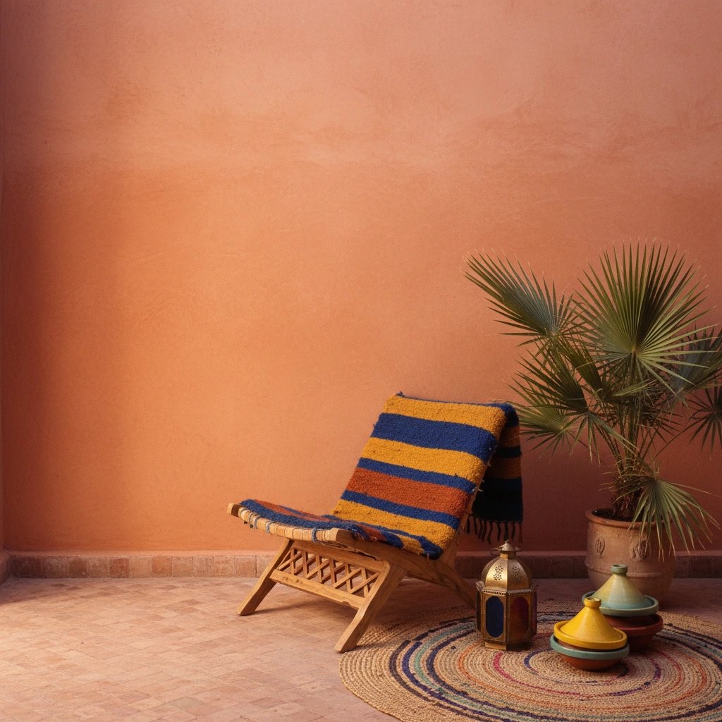 Wall art mockup: Eclectic patio with a wooden chair and plant, with plants