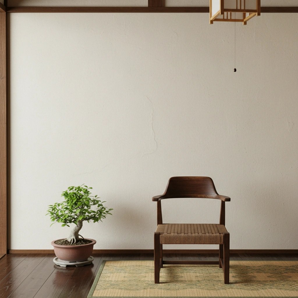 Wall art mockup: Contemporary living room with a bonsai and wooden chair, with plants and lamps