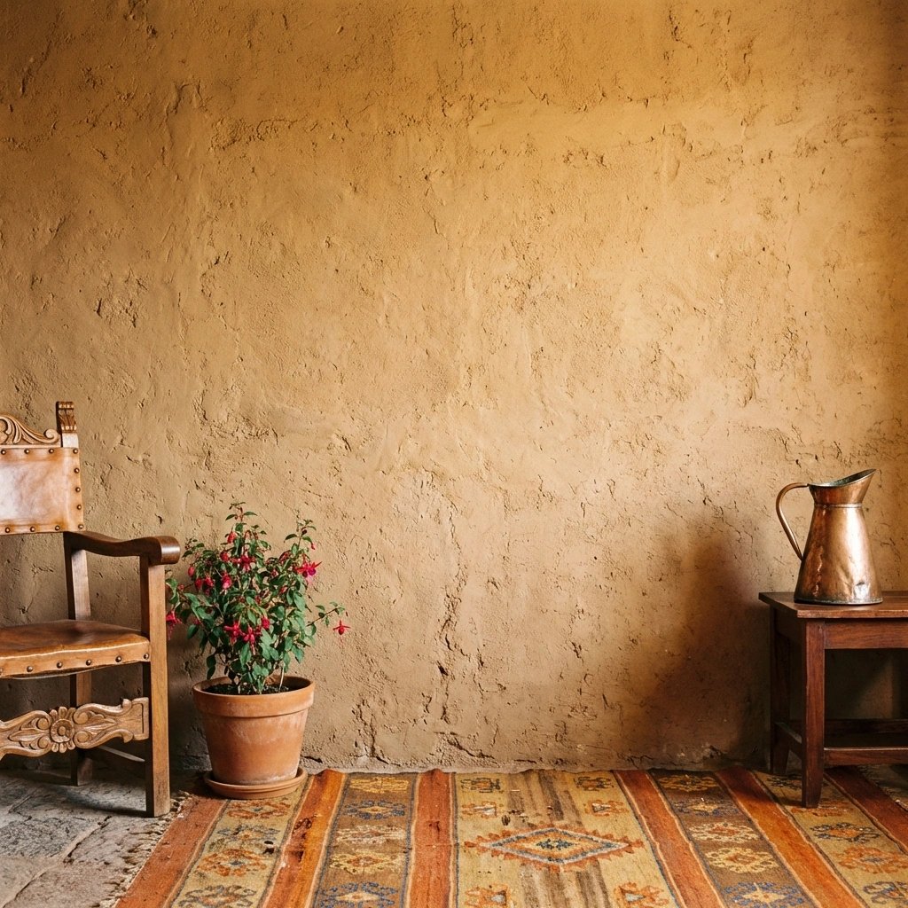 Wall art mockup: Eclectic room with a textured wall and patterned rug, with plants