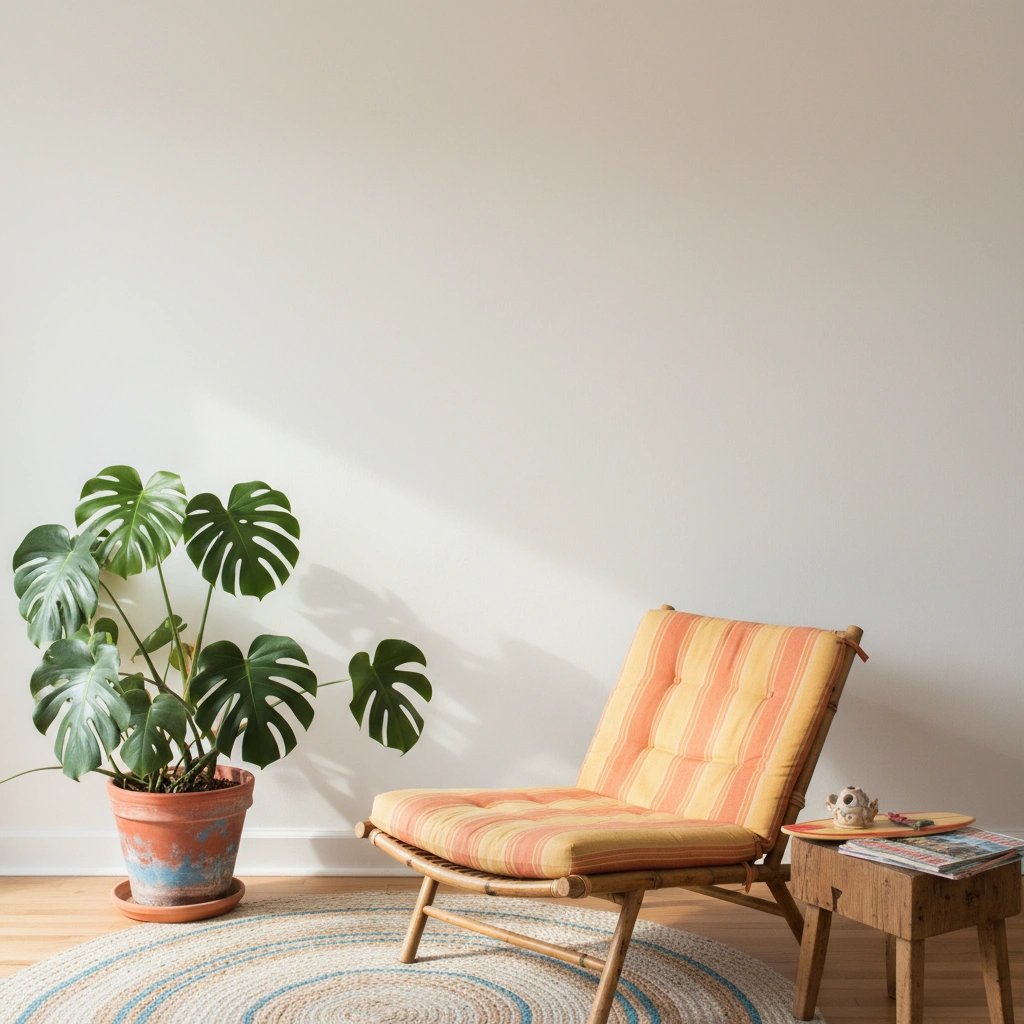 Wall art mockup: Eclectic room with a houseplant and striped chair, with plants