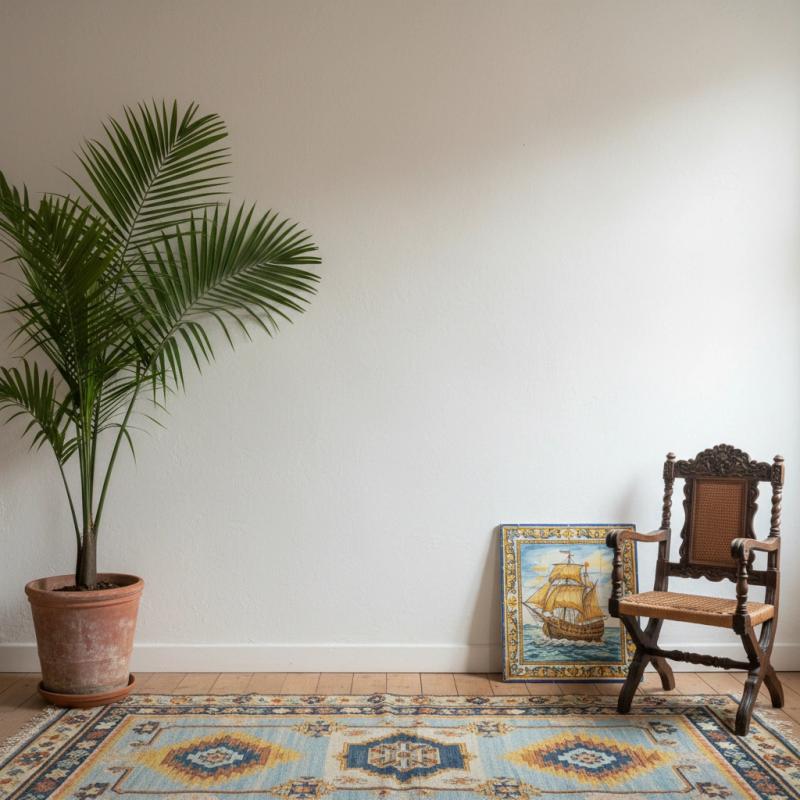Eclectic room with a houseplant, chair and patterned rug
