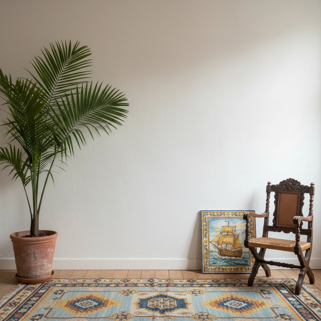 Wall art mockup: Eclectic room with a houseplant, chair and patterned rug, with plants