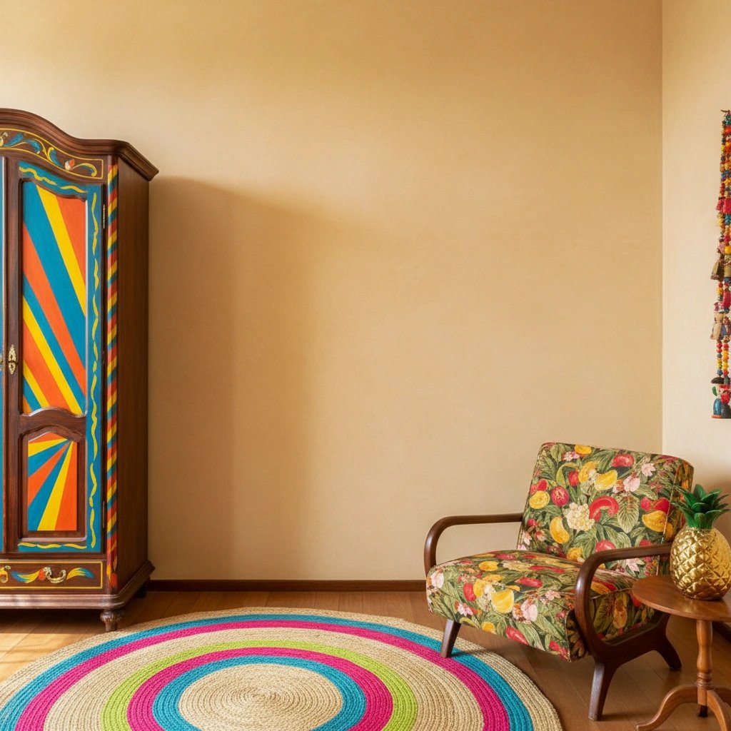 Wall art mockup: Eclectic living room with a painted wardrobe and patterned armchair, with a cabinet