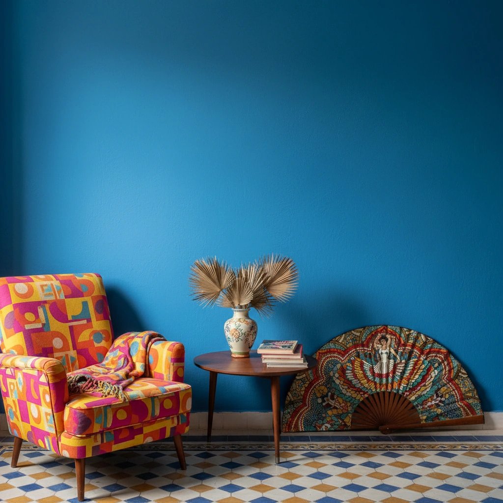 Wall art mockup: Eclectic living room with a blue wall and patterned armchair