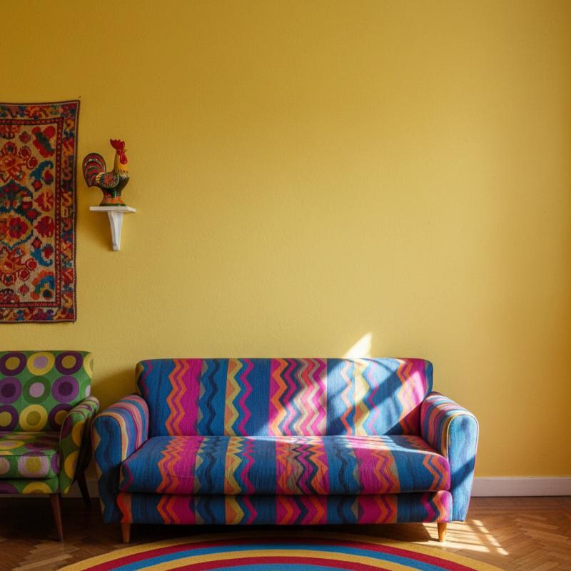 Eclectic living room with a yellow wall and patterned sofa