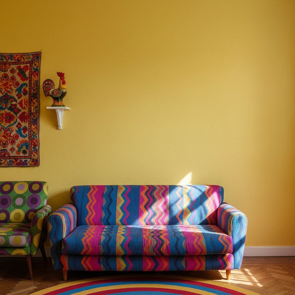 Sample painting at 16 × 20 in (41 × 51 cm): Eclectic living room with a yellow wall and patterned sofa