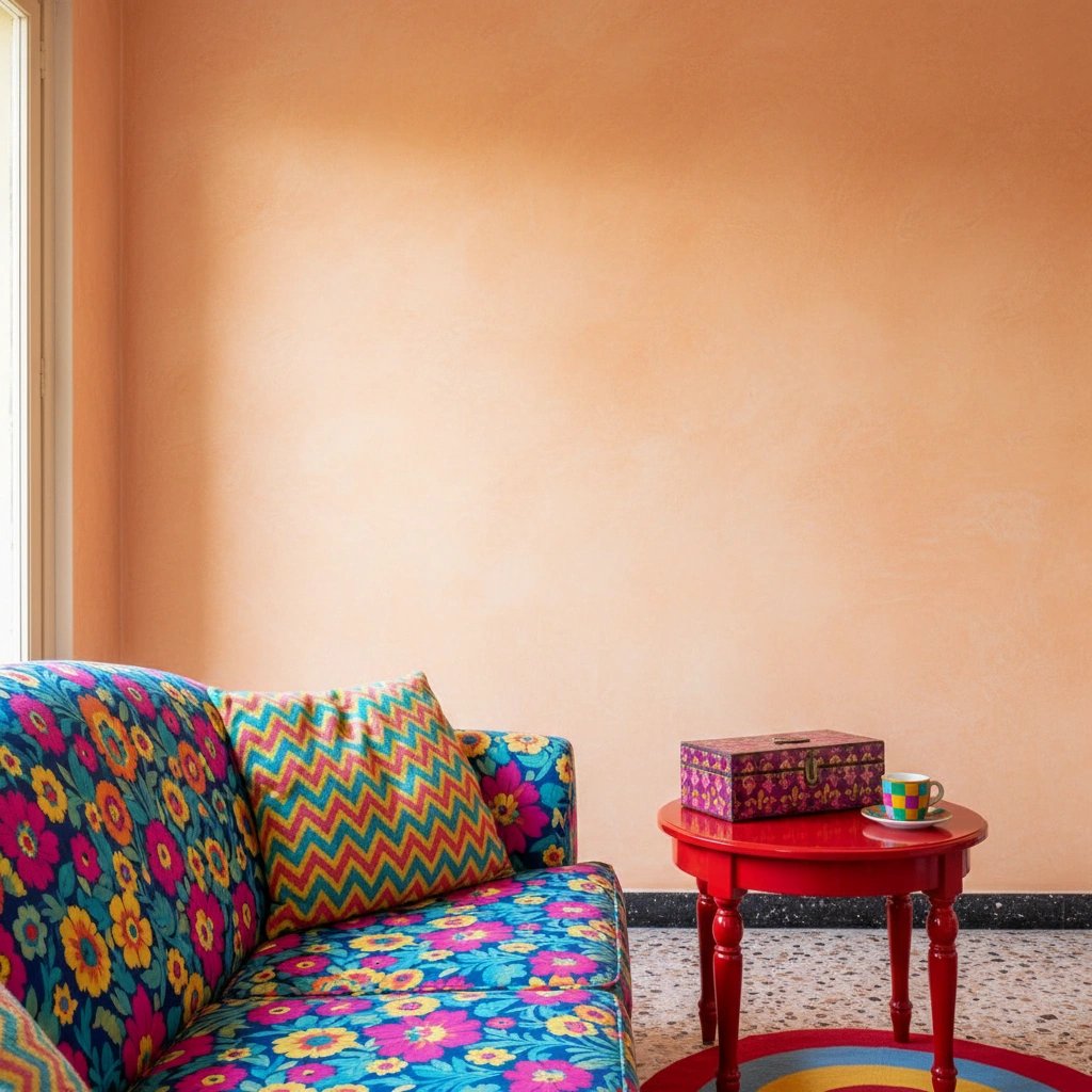 Wall art mockup: Eclectic living room with a patterned loveseat and side table, with a sofa