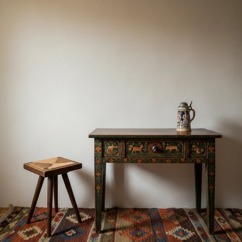 Wall art mockup: Eclectic room with a painted table and woven stool, with a desk