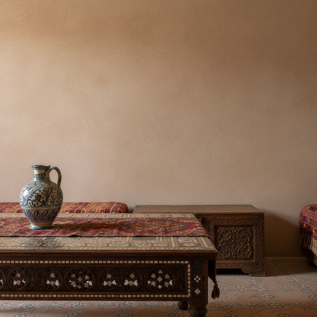 Wall art mockup: Eclectic living room with a carved coffee table