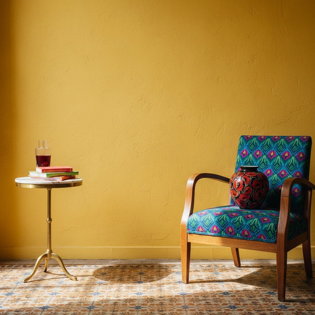 Wall art mockup: Eclectic living room with a patterned armchair and side table