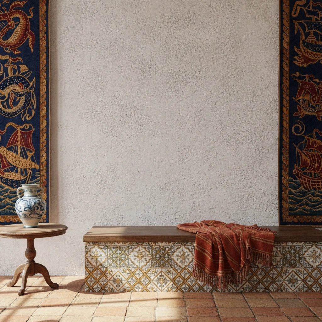 Wall art mockup: Eclectic room with textured wall and tiled bench