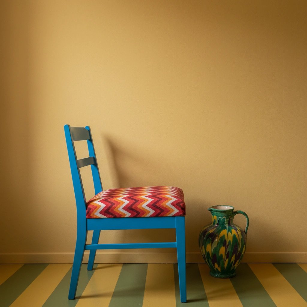 Wall art mockup: Eclectic living room with a colourful chair and patterned floor