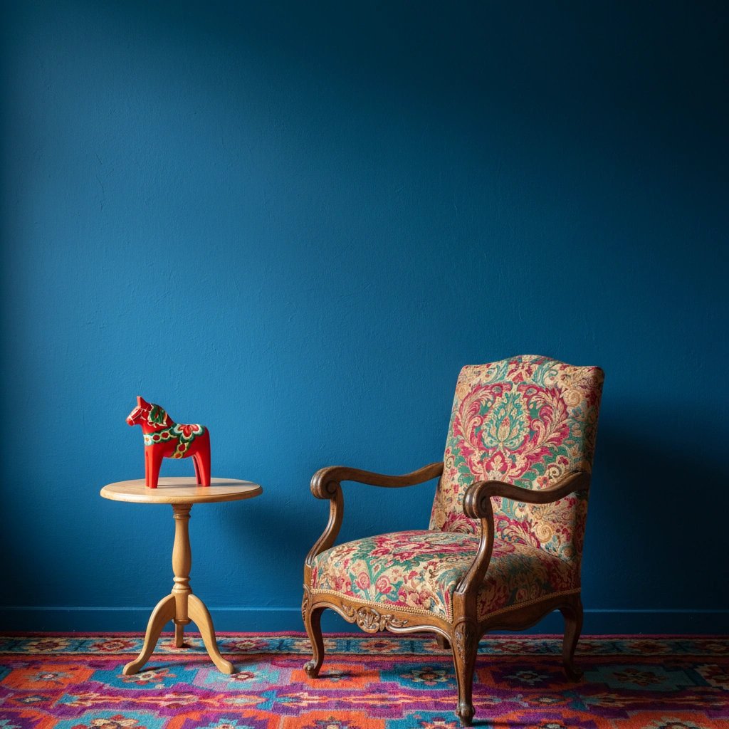 Wall art mockup: Eclectic living room with a blue wall and patterned armchair