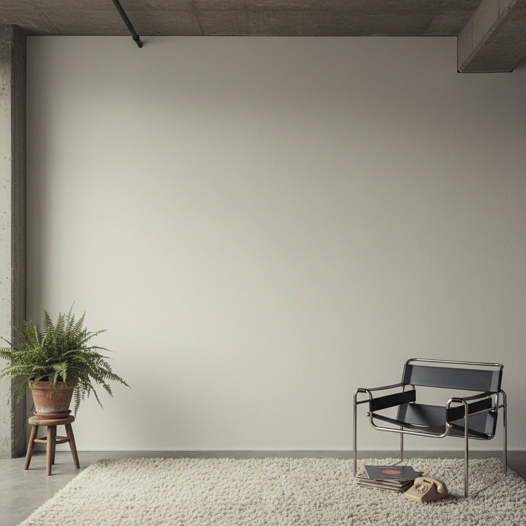 Wall art mockup: Contemporary living room with a fern and modern armchair, with plants