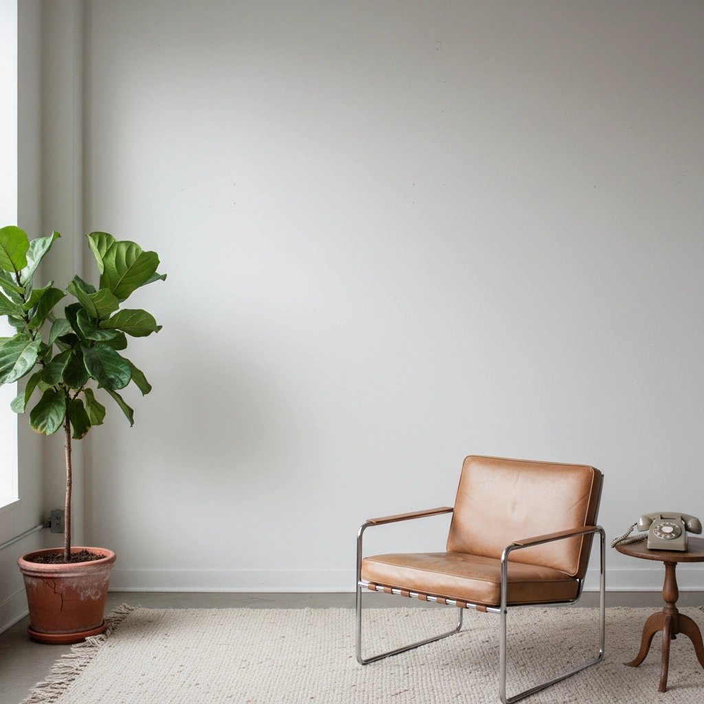Contemporary living room with a plant and a leather chair